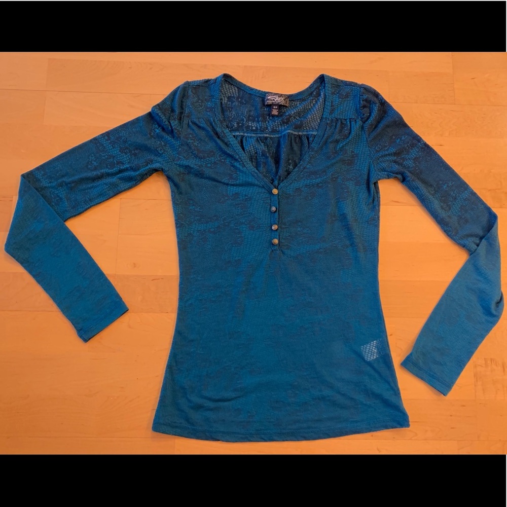 Stretchy Teal Scoop Henley Patterned Top Blouse